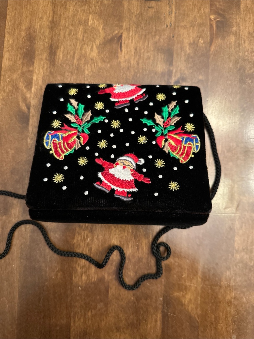 Vtg Lord & Taylor Black Velvet Christmas Santa Embroidered Small Bag Purse